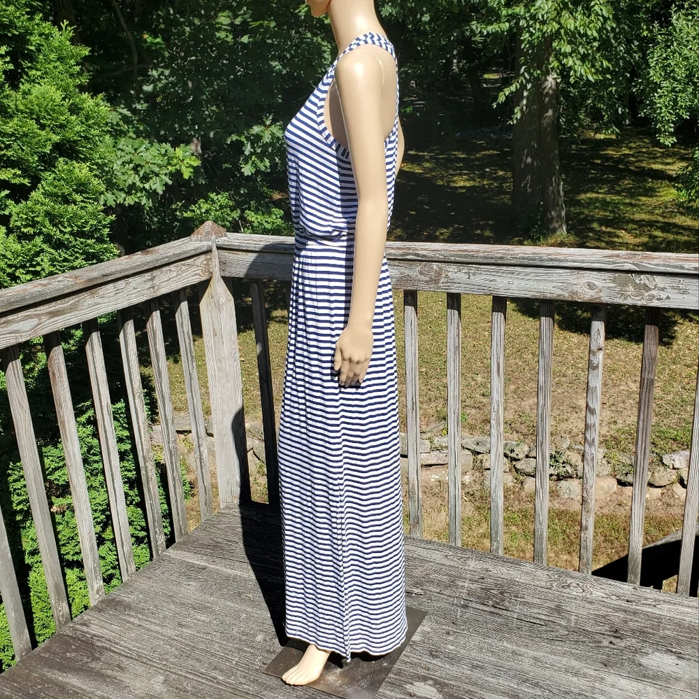J. Crew Blue & White Stripe Racer T-back Scoop Round Neck Maxi Dress Size M - Picture 9 of 11